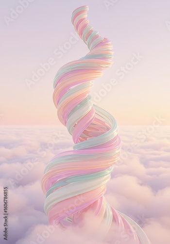 Abstract pastel spiral structure rising above fluffy clouds.