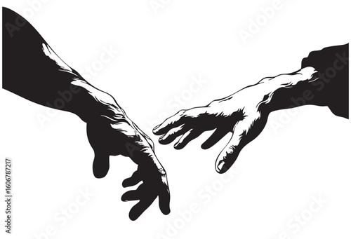 Connection of Hands: A powerful depiction of human connection and unity through two reaching hands. The image emphasizes the intimate bond between two individuals through the simple gesture of touch.