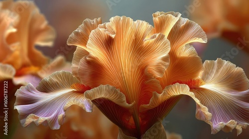 Iris minimal with tempo and flower concept. Close-up of vibrant orange iris flower showcasing delicate petals.