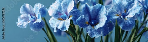Iris minimal with tempo and flower concept. Beautiful blue flowers with delicate petals and vibrant colors.