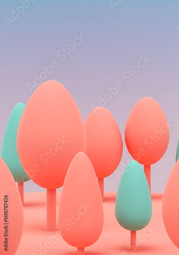 Stylized pastel pink and teal trees in a minimalist 3D landscape.