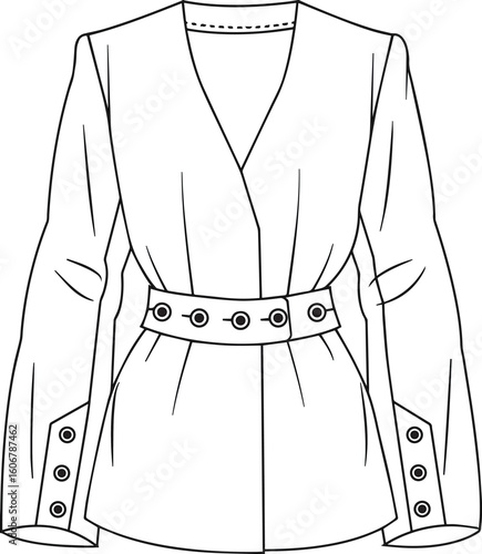 Belted Blazer with Eyelet Waistband and Cuff Buttons | Technical Fashion Illustration | Flat Apparel Template CAD | Front View