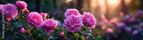 Rugosa rose echo in floral tempo concept. Beautiful pink roses blooming in a serene garden at sunset.