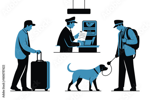 Illustration of airport security check with passenger luggage and security personnel and dog present