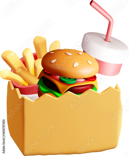 3D Fast Food Combo: Burger, Fries, and Drink