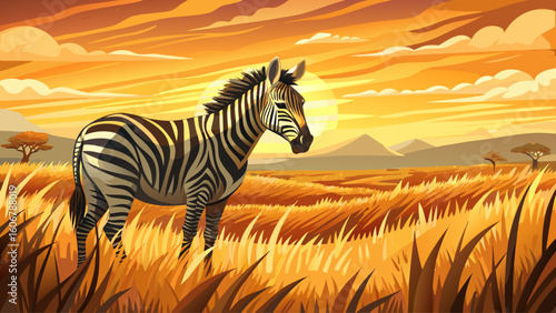 A quagga grazes on golden grass at sunset in the open plains of southern Africa, its stripes fading toward the back