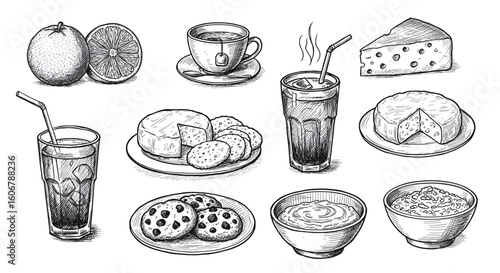 A sketch illustration of various food and drink items, including oranges, tea, juice, cheese, cookies, and a bowl of food.
