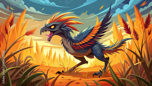 A terror bird with sharp claws dashes through tall dry grass under the burning midday sun