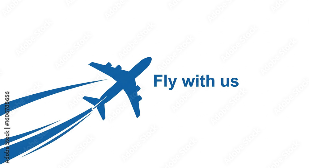 Fototapeta premium Blue airplane silhouette in flight, leaving a trail, against white background, symbolizing travel, journey, freedom, and speed, ideal for airline or travel agency advertisement