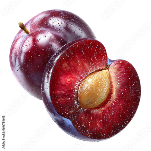 A juicy red plum sliced open showing its seed and glistening skin with water droplets