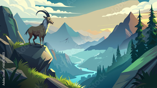 A prehistoric goat perches on a steep alpine cliffside, staring down at the valley blanketed in early morning fog