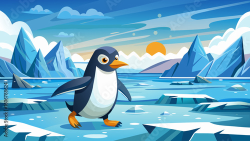 A prehistoric penguin waddles across an icy beach, surrounded by sharp glaciers and frozen sea foam