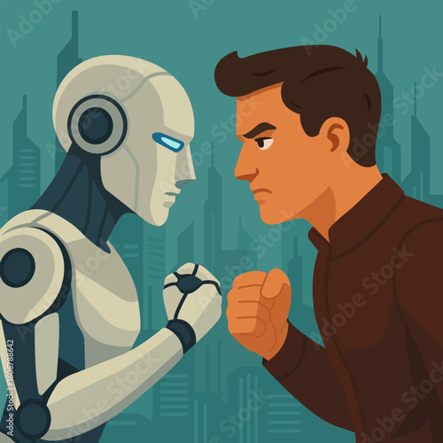 Flat vector illustration of a tense face-off between a human and a robot with clenched fists.