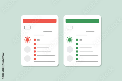 Two vaccination cards side by side one with red accents and the other with green accents on a light background