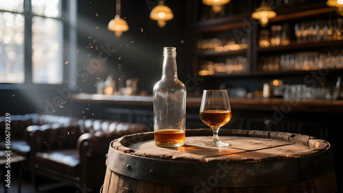 Close-up of whiskey glass and bottle on oak barrel in warm aging room.
