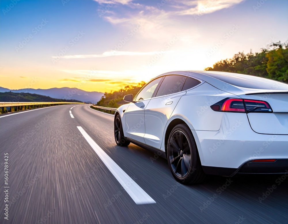 Fototapeta premium Sleek Electric Car Speeding on Highway at Dusk – Dynamic Motion Blur Photorealistic Scene