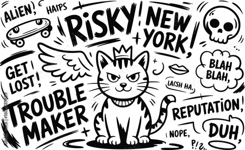 Black and White Cat with Crown and Winged Trouble Maker Text Illustration