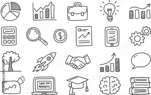 Hand-drawn Business and Finance Icons in Black and White