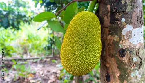 A jackfruit hanging from a tree trunk