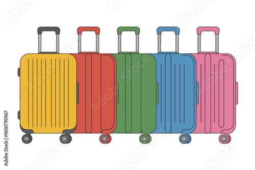 A row of five colorful suitcases with extendable handles and wheels on a white background in a line