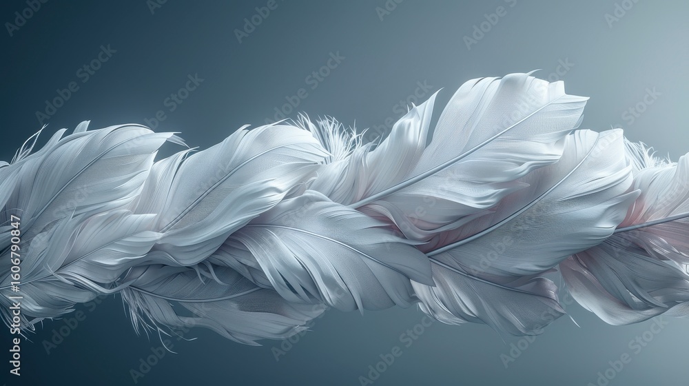 Naklejka premium Woven white feathers floating against a graduated teal backdrop, soft and airy