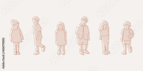 flat minimal children male and female vector illustration in spring summer clothing concept isolated set collection. Outline with silhouette shadow. For architecture, design, info graphic, media