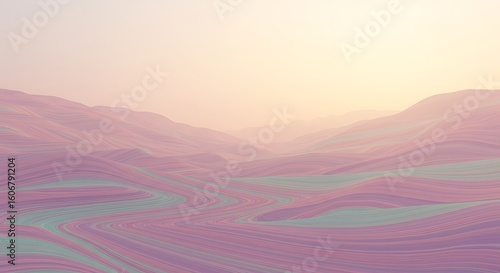 Softly colored landscape with rolling hills and valleys, rendered in pastel hues under a gentle, diffused light.