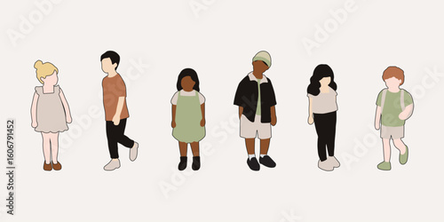 flat minimal children male and female vector illustration in spring summer clothing with outline concept isolated set collection. For architecture rendering, graphic design, info graphic, media