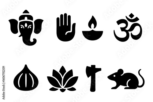 Collection of indian symbols: ganesha, lotus, diya, and more in black silhouette art