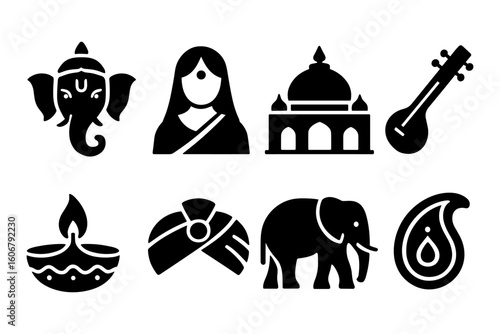 Icon set of indian cultural symbols: ganesha, woman, temple, sitar, diya, turban, elephant, paisley