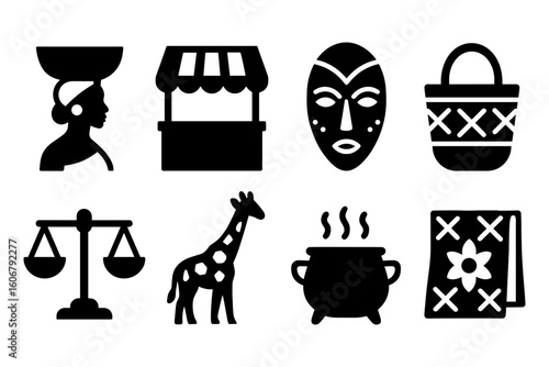 African heritage icons: traditional elements in bold black silhouette