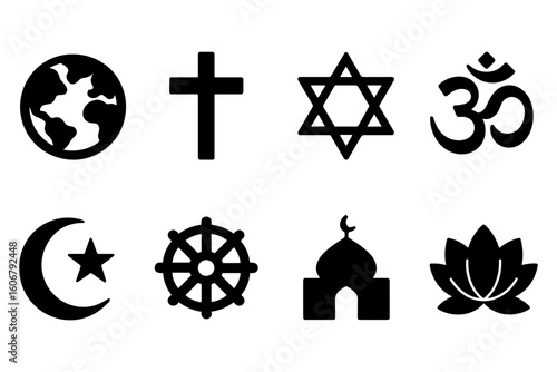 Silhouette icons of major world religions on white background