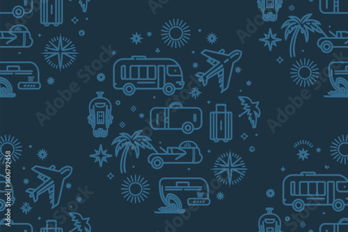 A seamless pattern featuring travel icons including planes, cars, suitcases, and palm trees on blue background
