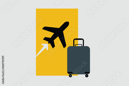 A simple graphic of an airplane taking off with a suitcase in front of a yellow background square shape