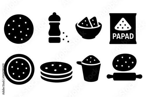 Silhouette icons of papadum preparation: spice, bowl, and rolling pin