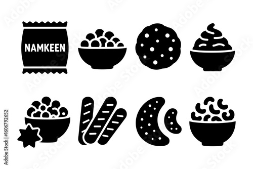 Silhouette snack icons: namkeen, sweets, and savories in bold black style