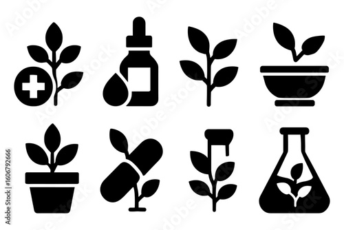 Herbal medicine icons set with bottles, leaves, and capsules in silhouette style