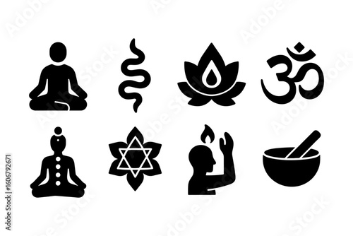 Minimalist yoga symbols collection: meditation, chakra, lotus, om, and spiritual icons