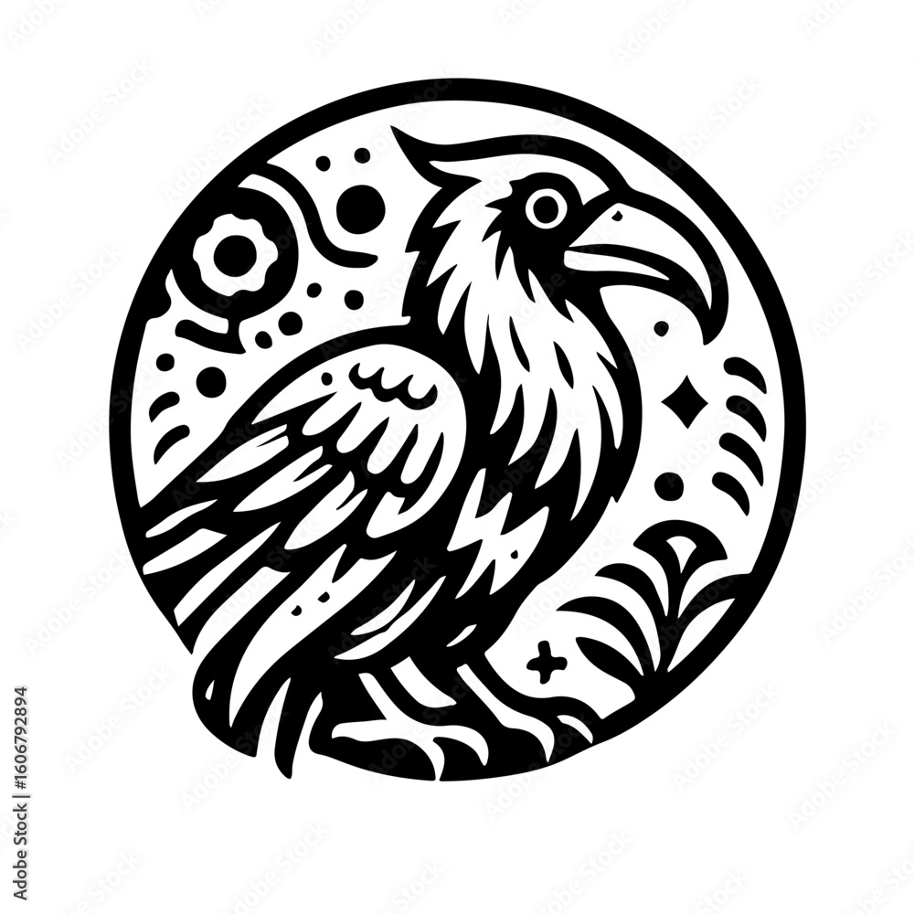 Obraz premium Bold black and white bird illustration in circle frame. Symbolic raven/crow vector for logo design.