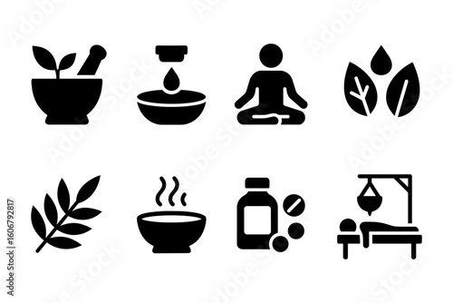 Holistic wellness icons: nature, meditation, and herbal remedies