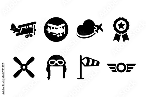 Vintage aviation icons and symbols set in silhouette style