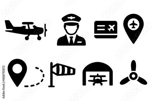Aviation icons set with pilot, plane, location pins and windsock in silhouette style