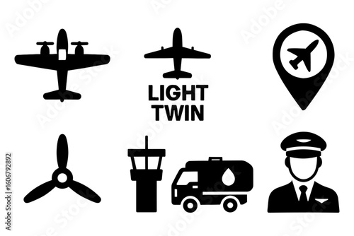 Silhouette airplane icons set with pilot and airport elements