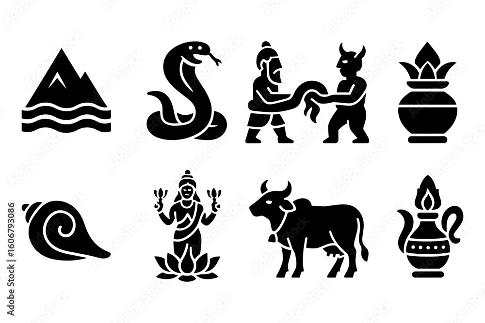 Naklejka premium Mythological elements and symbols: hindu deity, mountain, snake, and more in silhouette style