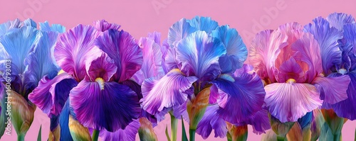 Iris minimal with tempo and flower concept. Vibrant irises blooming in shades of blue and purple.