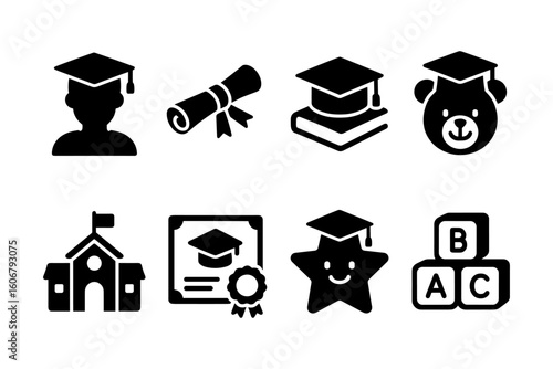 Education icons set: graduation, school, diploma, and abc blocks in black silhouette style