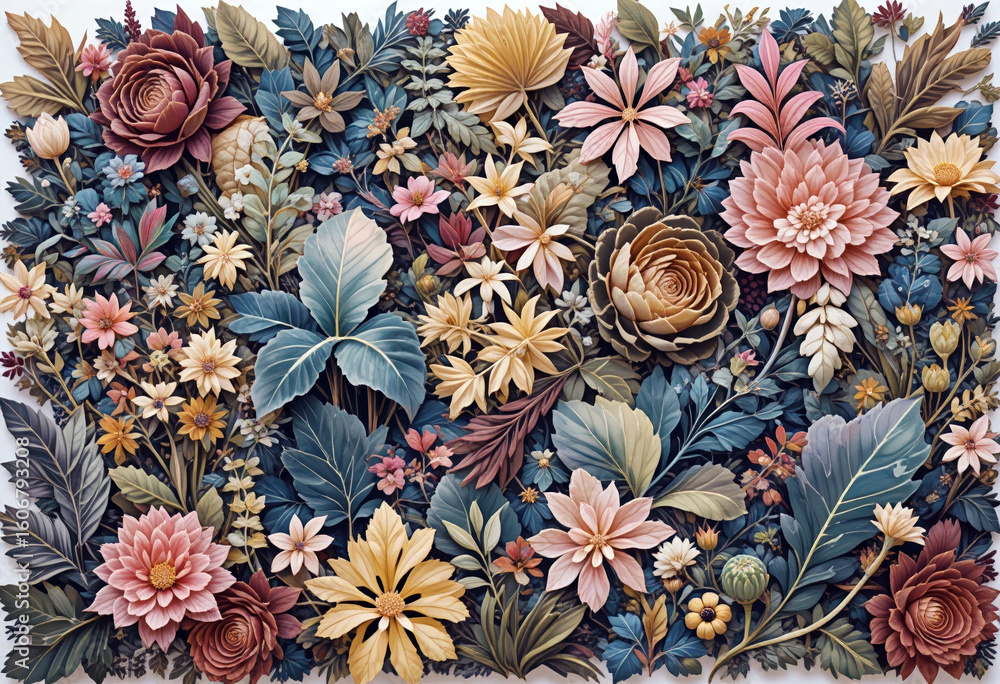 Fototapeta premium Colorful Arrangement of Decorative Flowers and Leaves in a Beautiful Composition.