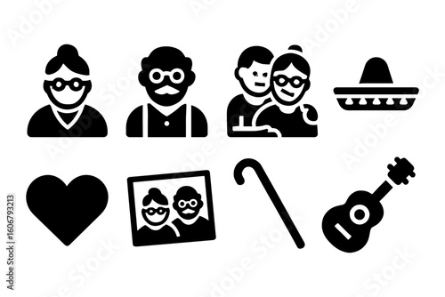 Family icon set: grandparents, love, and cultural symbols