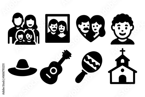 Family and culture icons: silhouette hat, guitar, maraca, church