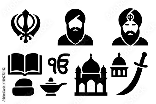 Sikh culture icons set: silhouette symbols of faith, heritage, architecture, and tradition